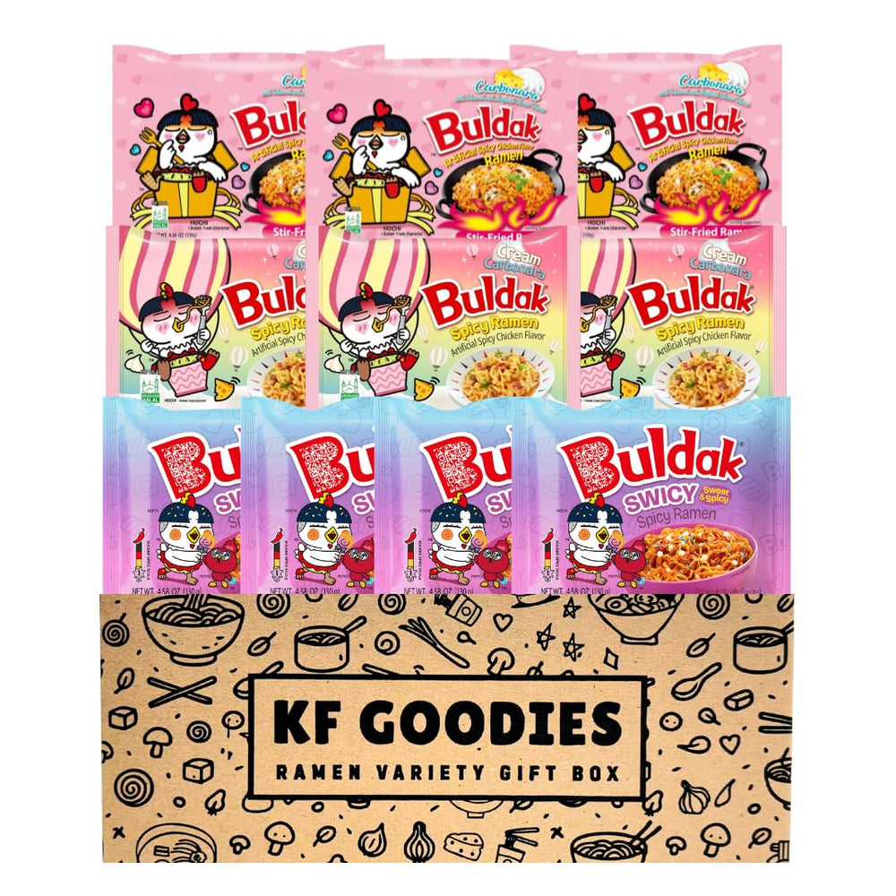 KF GOODIES gift box front view showing 10-count ramen assortment and gift-ready packaging benefit