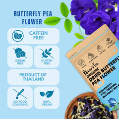 KHWAN'S TEA close-up of dried butterfly pea flowers highlighting texture and purity benefit