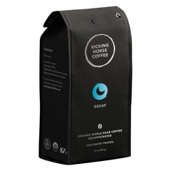 Kicking Horse front packaging showing dark roast label and certifications, highlights flavor
