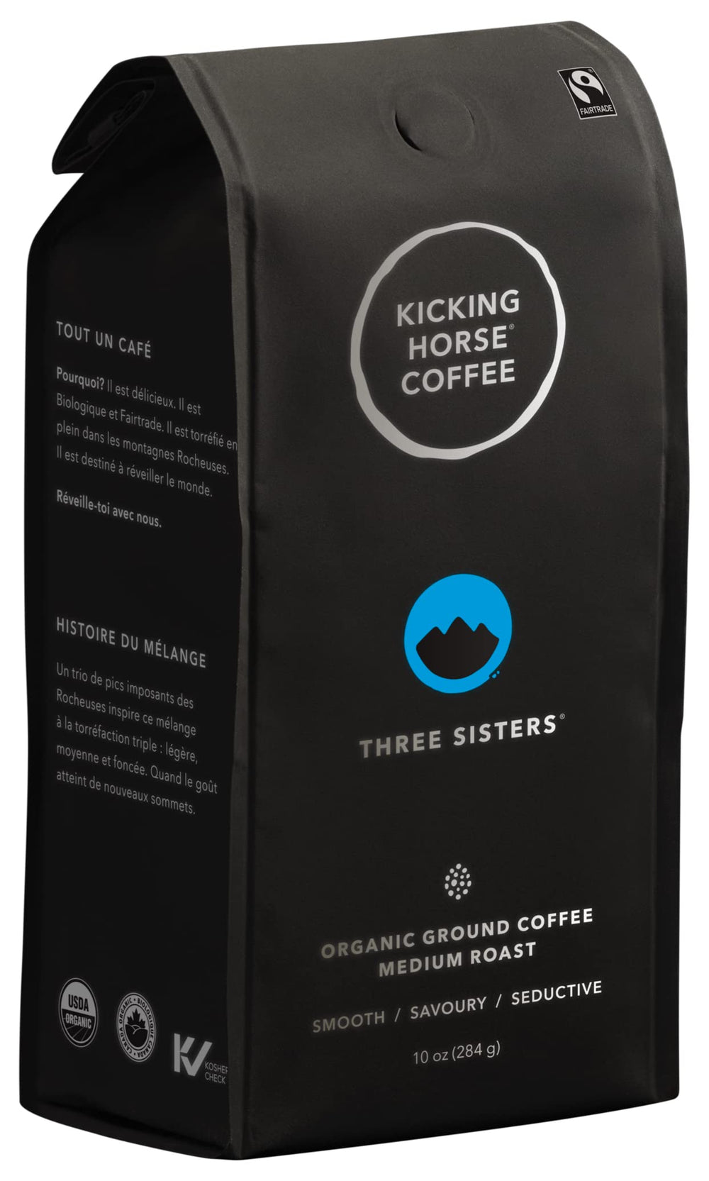Kicking Horse front packaging displaying certifications and roast which assures ethical sourcing