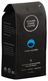 Kicking Horse front packaging displaying certifications and roast which assures ethical sourcing