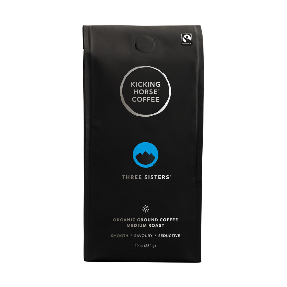Kicking Horse front packaging showing organic Fairtrade label and 10 oz size benefits convenience