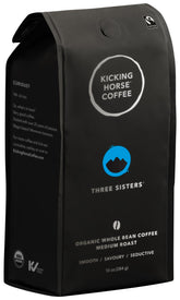 Kicking Horse front packaging showing Three Sisters medium roast and organic badge