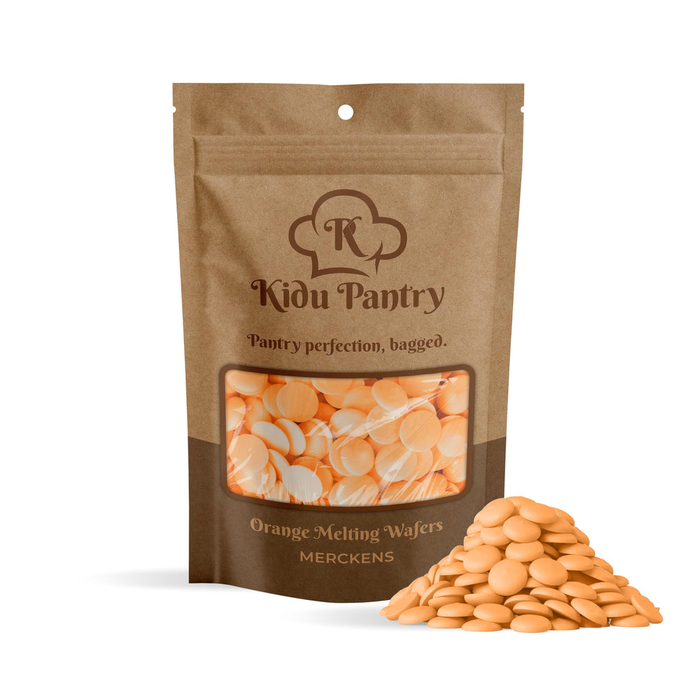 KIDU Merckens front bag view showing orange wafers and easy-melt benefit
