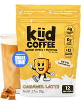 kiid product front packaging showing caramel latte and servings benefit: clear product identity