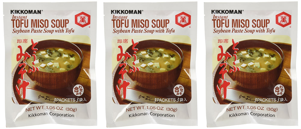 Kikkoman instant tofu miso soup front pouch showing packets and quick authentic flavor