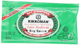 Kikkoman less sodium soy sauce packet front view showing brand and reduced-sodium label benefit