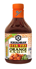 Kikkoman bottle front label showing gluten-free orange sauce for quick meals