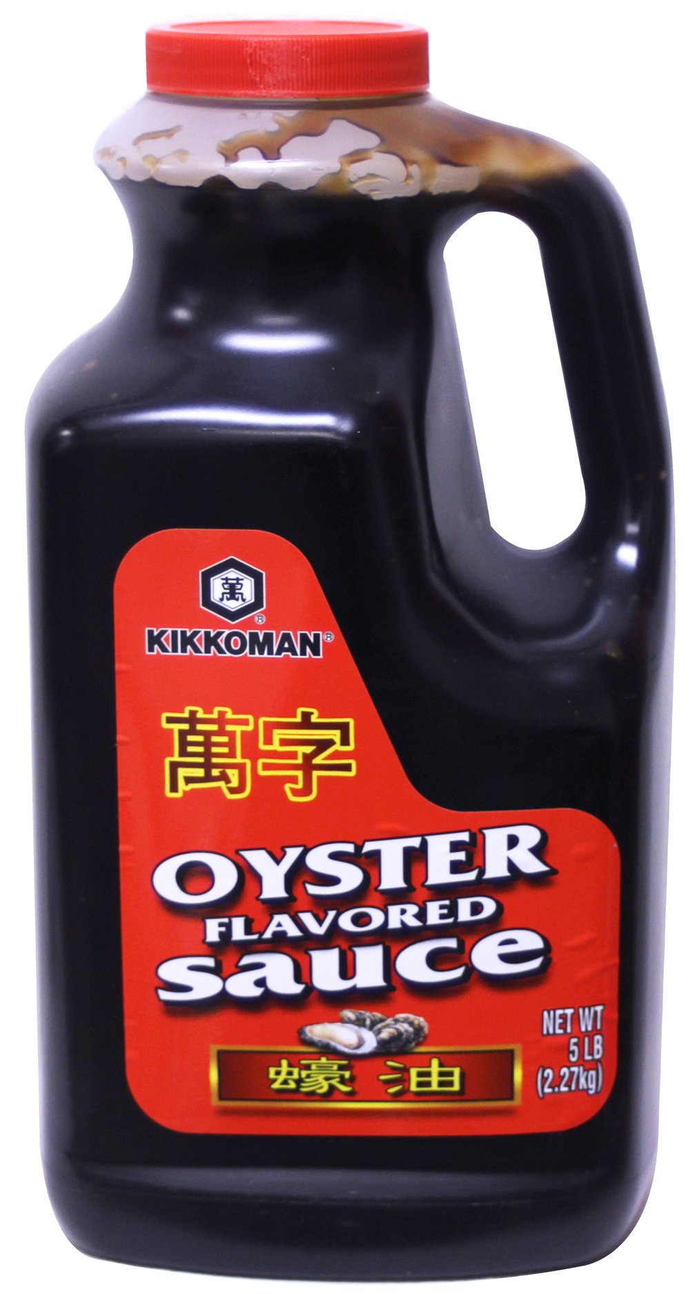 Kikkoman bottle front label showing 5 lb oyster flavored sauce for consistent flavor