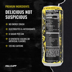 Kill Cliff close-up can label showing Joe Rogan spicy pineapple brand clarity and natural flavor claim