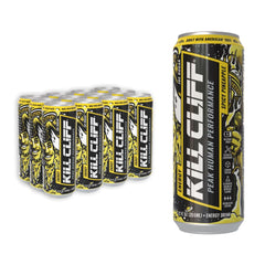 Kill Cliff front packaging twelve-pack showcasing bold spicy pineapple and zero sugar benefits