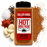 Killer Hogs front jar shot showing bold hot rub label and large size benefit