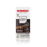 KIMBO front packaging showing 100-count dark roast capsules and benefits