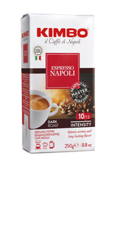 Kimbo Napoli front brick package showing roast and size, delivers authentic Neapolitan flavor