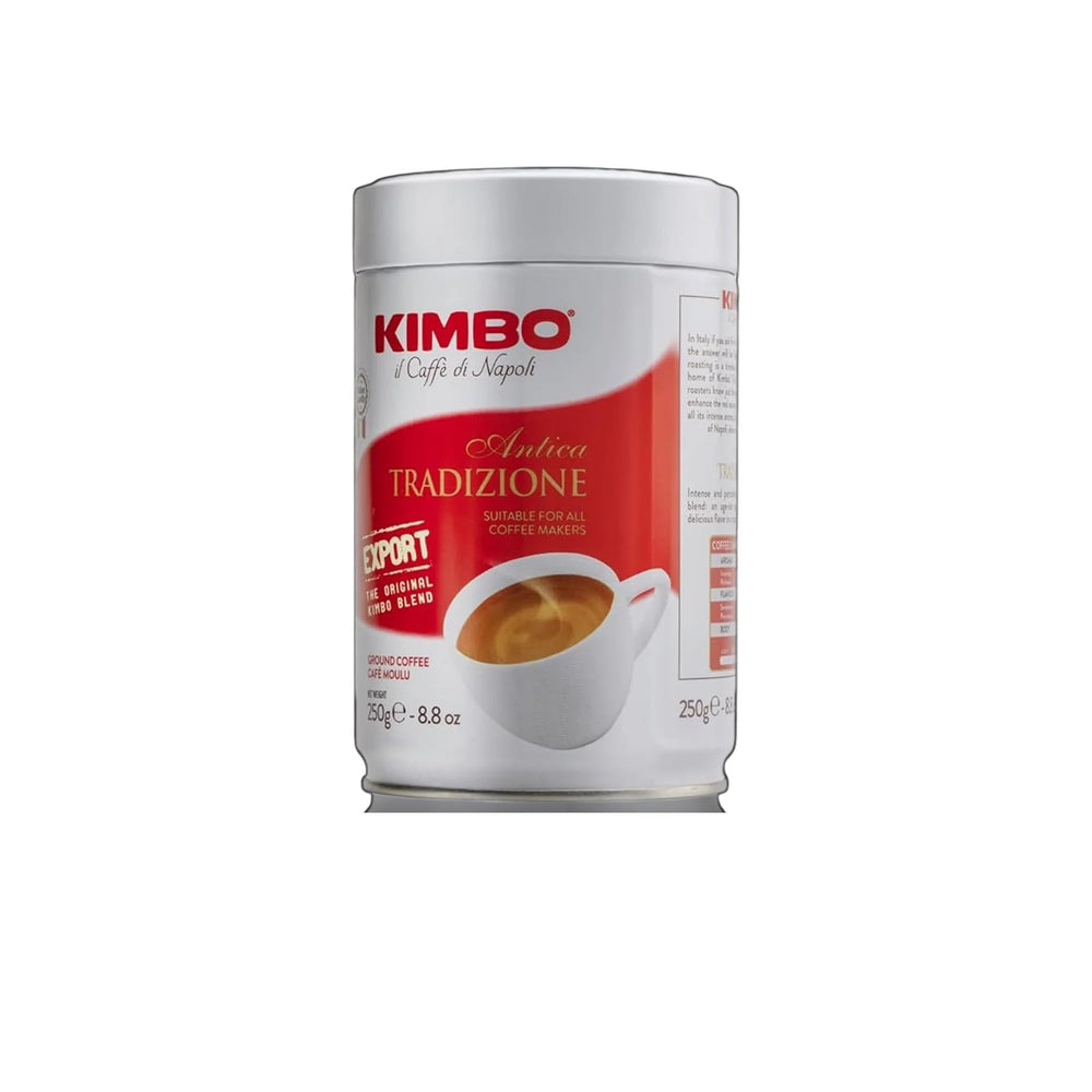 Kimbo Tradizione tin front showing label and preserving fresh Italian aroma