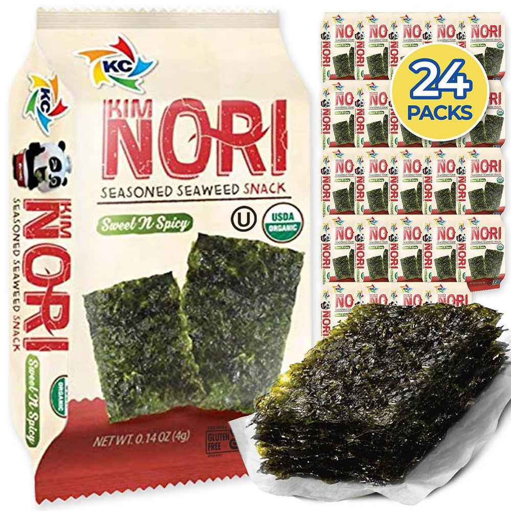 KIMNORI front packaging showing sweet ’n spicy flavor and organic badge, ideal for clean snacking