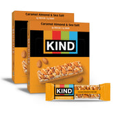 KIND front packaging showing caramel almond sea salt and 24 count convenience