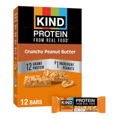 KIND Crunchy Peanut Butter front pack showing nutrition highlights and branding