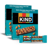 KIND Dark Chocolate Nuts & Sea Salt front packaging showing box and label benefits