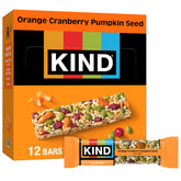 KIND front packaging showing orange cranberry pumpkin seed bars, convenient pantry-ready