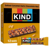 KIND front packaging showing salted caramel dark chocolate nut bars for pantry convenience