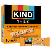 KIND Thins front packaging showing caramel almond sea salt and convenient 10-count box benefit