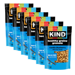 KIND front packaging showing vanilla blueberry clusters and benefit of portable snacks