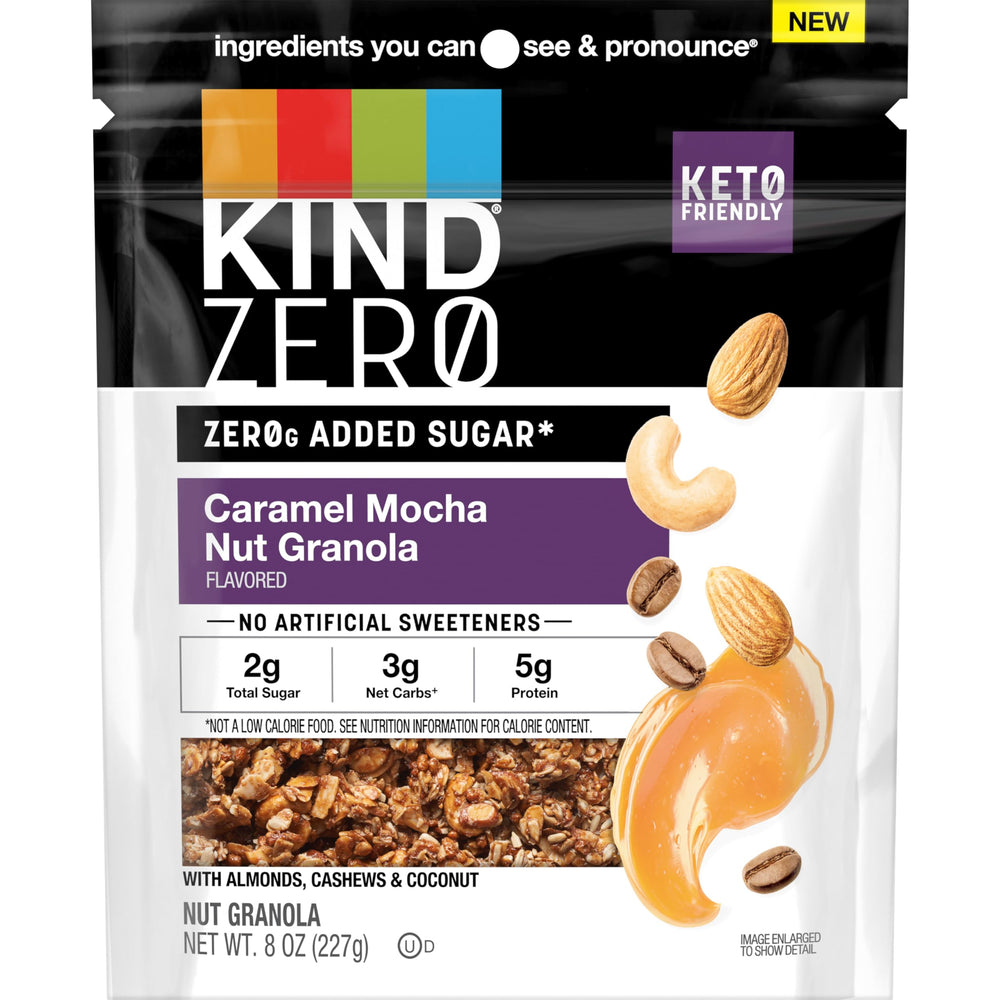 KIND zero caramel mocha nut front packaging showing label and resealable bag benefit