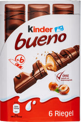 Kinder Bueno front box showing six individually wrapped bars and brand appeal