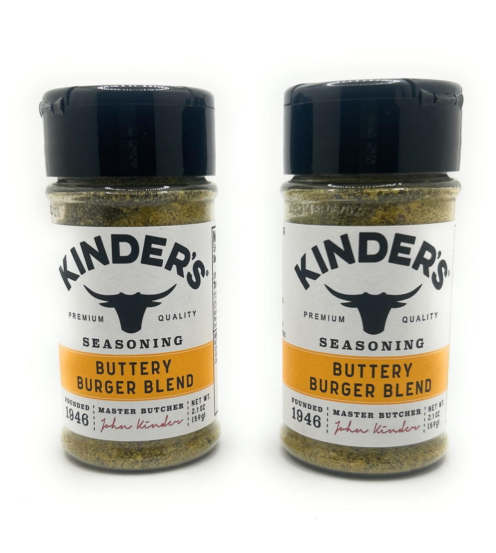 KINDER'S front packaging showing two shaker bottles and easy-grip design for fast seasoning