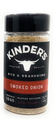 KINDER'S smoked onion bottle front view showing label and shaker for easy seasoning