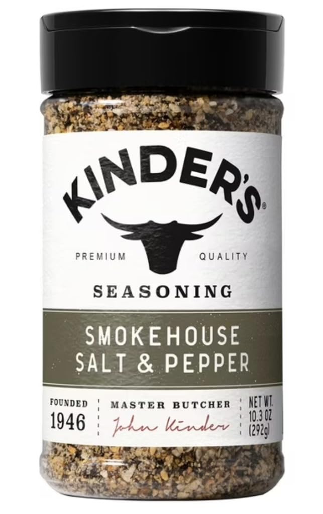 KINDER'S front packaging of smokehouse salt & pepper showing shaker and seasoning benefits