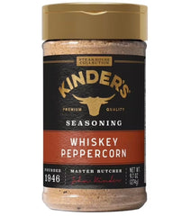 KINDER'S Whiskey Peppercorn front bottle showing label and shaker for easy seasoning