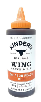 KINDER'S Bourbon Peach front label showing bottle and flavor benefits