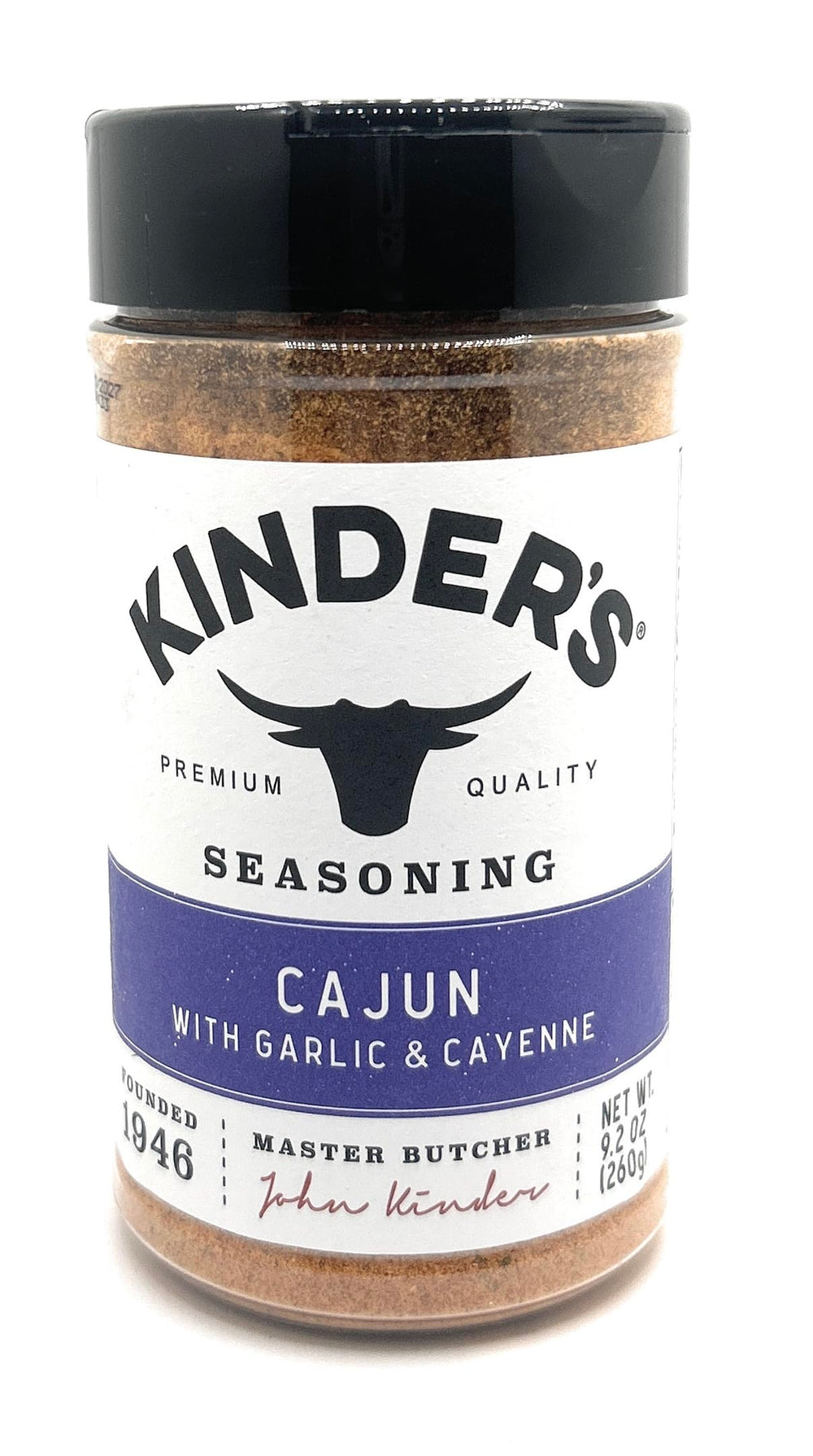 KINDER'S Cajun 9.2oz front label showing seasoning and certification benefits