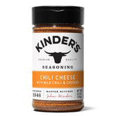 KINDER'S front label showing chili cheese seasoning and benefits