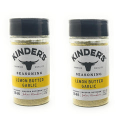 KINDER'S front packaging of lemon butter garlic two-bottle set showing label and benefits