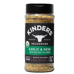KINDER'S seasoning sprinkled on grilled chicken, adds bright garlic-herb finish