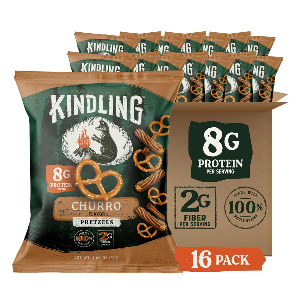 Kindling front packaging showing churro pretzels and quick grab convenience
