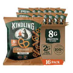 Kindling front packaging showing churro pretzels and quick grab convenience