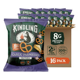 Kindling front packaging showing Garlic Parmesan snack pack and portability benefit