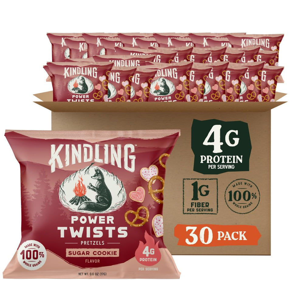 Kindling front packaging showing sugar cookie pretzel pouch and portability