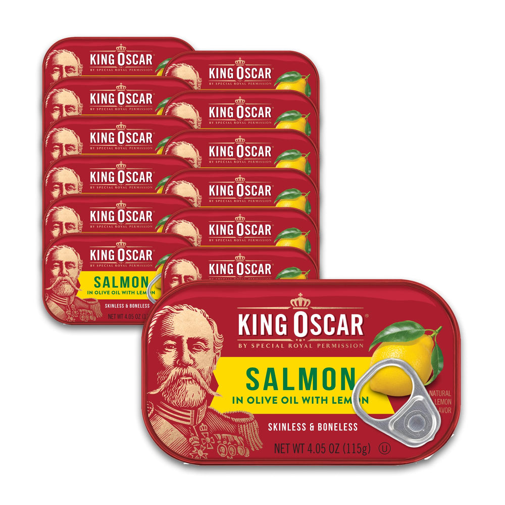 King Oscar front can showing lemon olive oil label and convenience