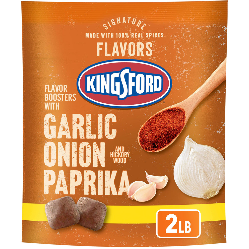 Kingsford front packaging showing garlic onion paprika flavor boosters benefit enhancing grill flavor