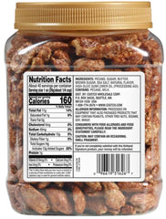 MORALZA and Kirkland praline pecans close-up highlighting glossy caramelized texture
