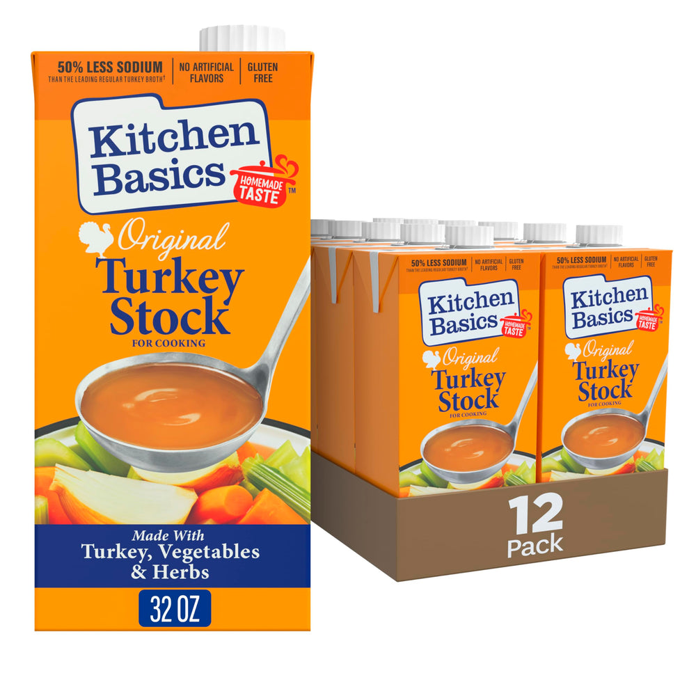 Kitchen Basics turkey stock front packaging showing carton and label benefit of rich flavor