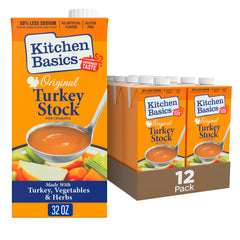 Kitchen Basics turkey stock front packaging showing carton and label benefit of rich flavor