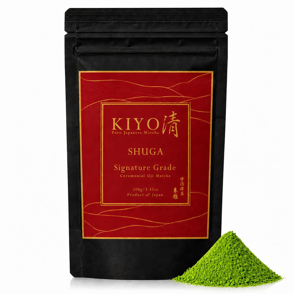 Kiyo Matcha front packaging showing pure ceremonial-grade pouch and branding benefits