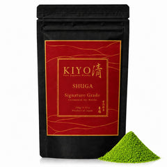 Kiyo Matcha front packaging showing pure ceremonial-grade pouch and branding benefits