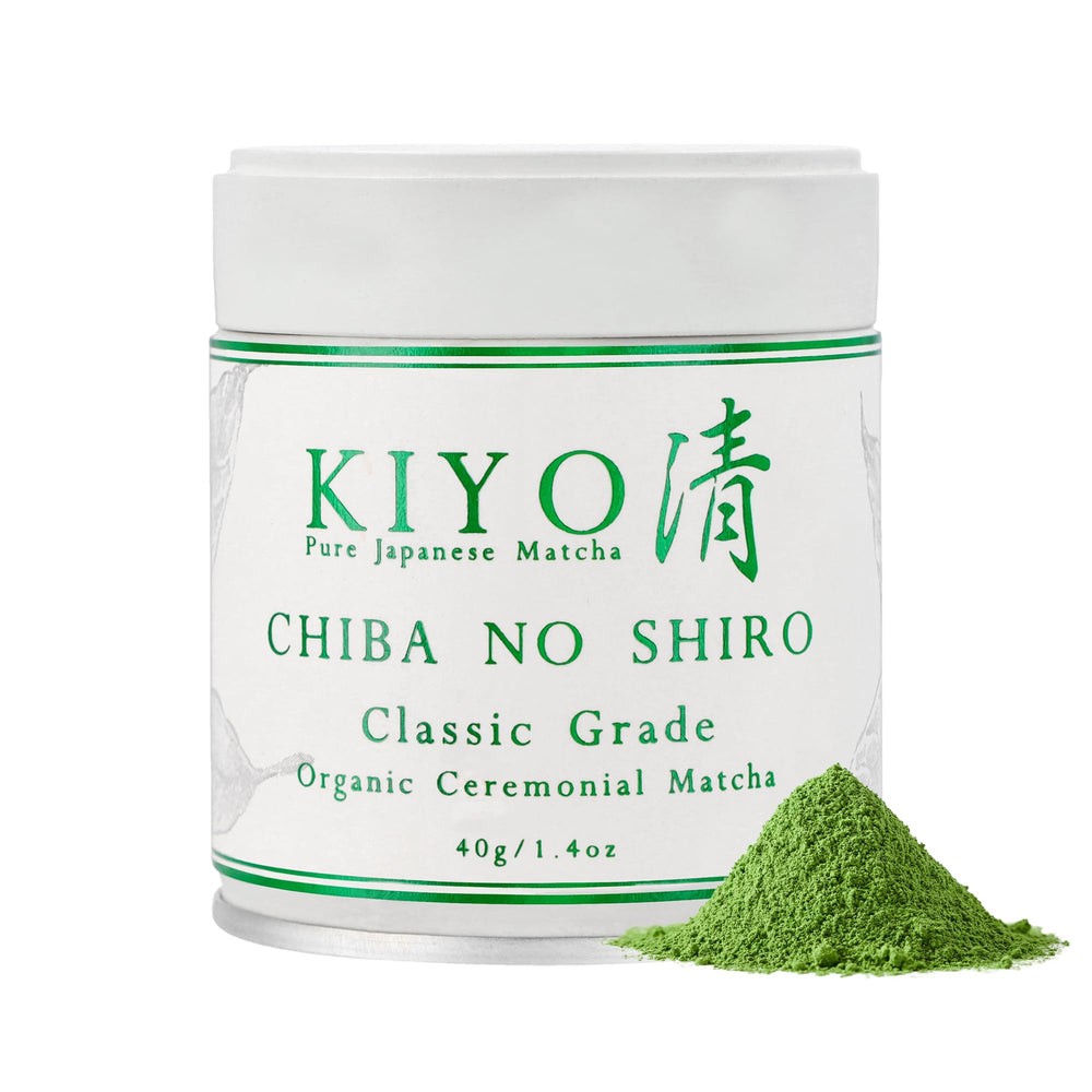 Kiyo Matcha front tin showing organic ceremonial label and freshness benefit